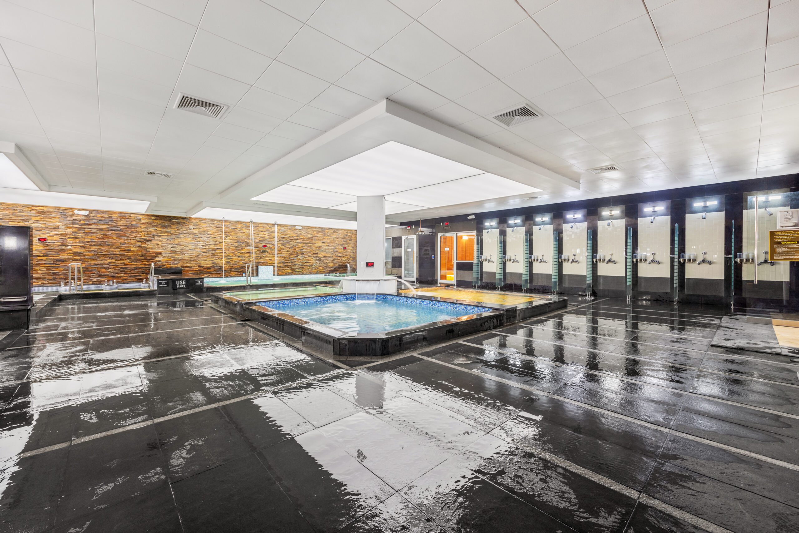 hydrotherapy pool in the bath area, featuring showers, dry and wet saunas