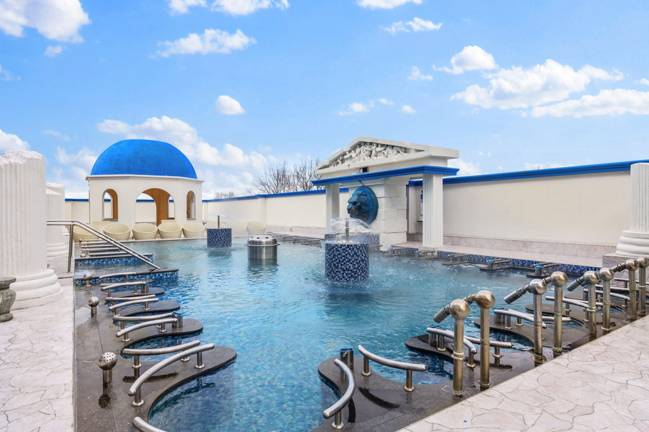 Seated Medi Spa Pool focusing on the right side of the pool, with Grotto hot tub in view.