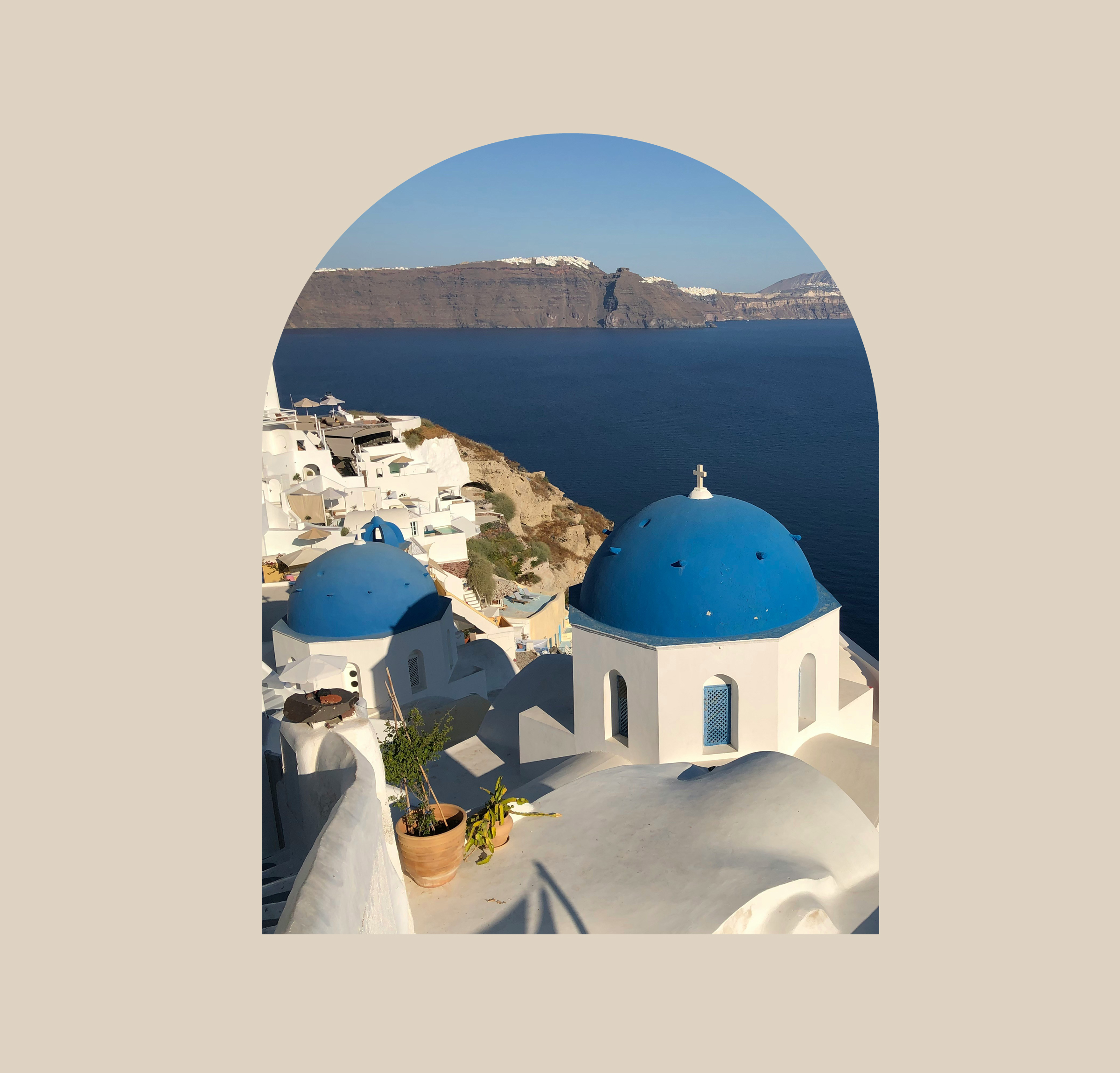 View of Greek structures overlooking the ocean