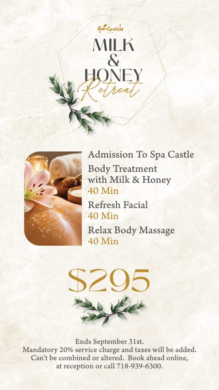 Indulge in the ultimate skin pampering ritual with our luxurious Milk & Honey Retreat! This nourishing experience combines the natural softness of milk with the rich hydration of honey to gently exfoliate, moisturize, and leave your skin feeling silky-smooth, radiant, and renewed.💆 $295 Any Day Ends September 31st. Taxes and 20% Service Charge will be added after purchase. Cannot be combined with any other offer. Subject to availability, call 718-939-6300 to book ahead. 